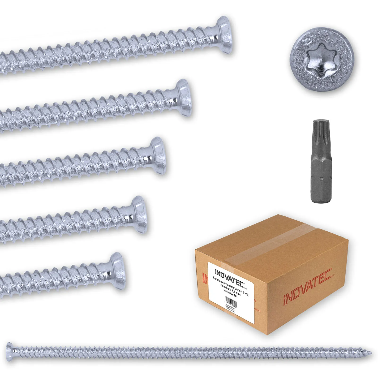 INOVATEC Fensterrahmenschrauben TX30 Senkkopf 7,5 x 40-252 mm inkl. Bit