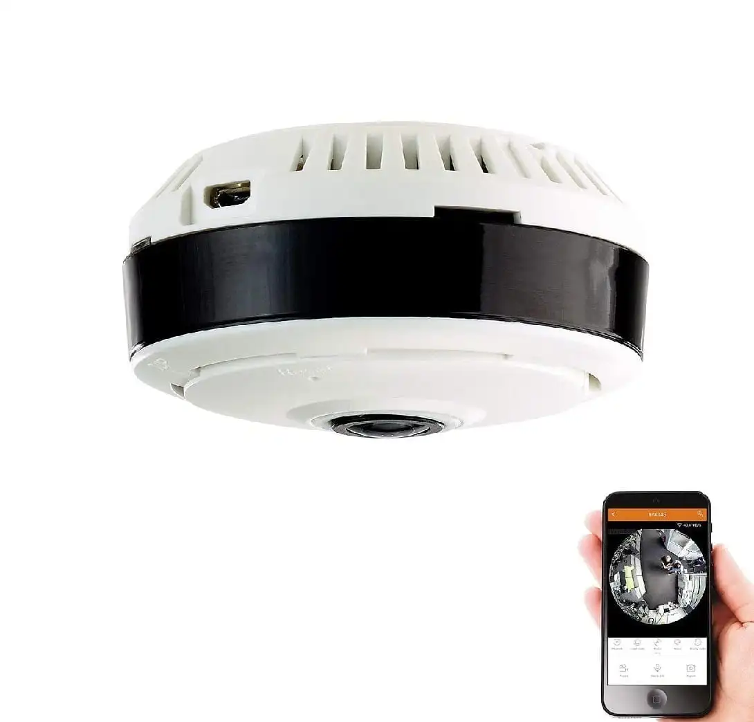Wifi Rauchmelder Kamera: 360° Panorama Rundumsicht mit Nachtsicht, Bewegungsmelder, Steuerbar mit dem App