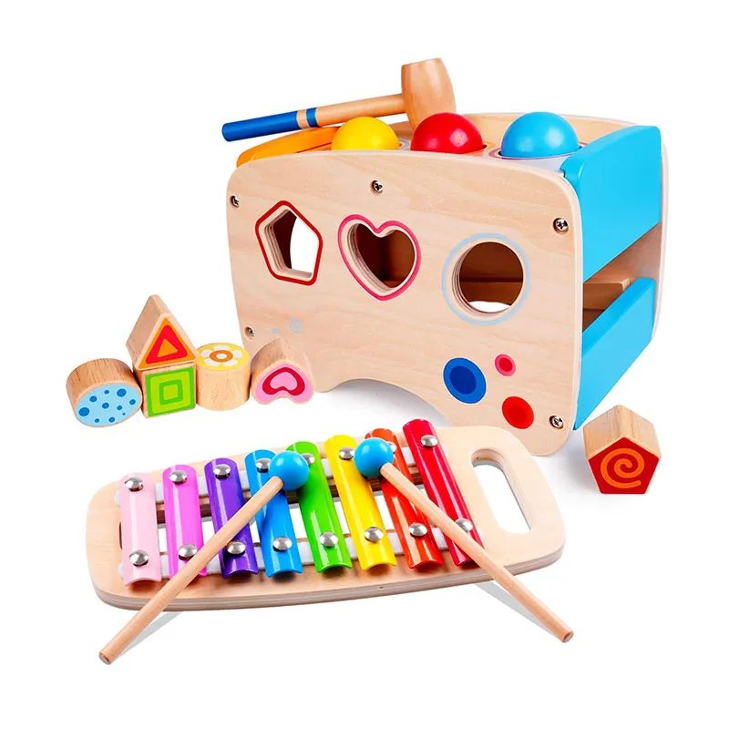 Rolimate Xylophon und Hammerspiel Spielzeug ab 1 Jahr, 3 in 1 Montessori Pädagogisches Vorschullernen Musikspielzeug Holzspielzeug Nachziehspielzeug Geburtstagsgeschenk fur Kinder Baby